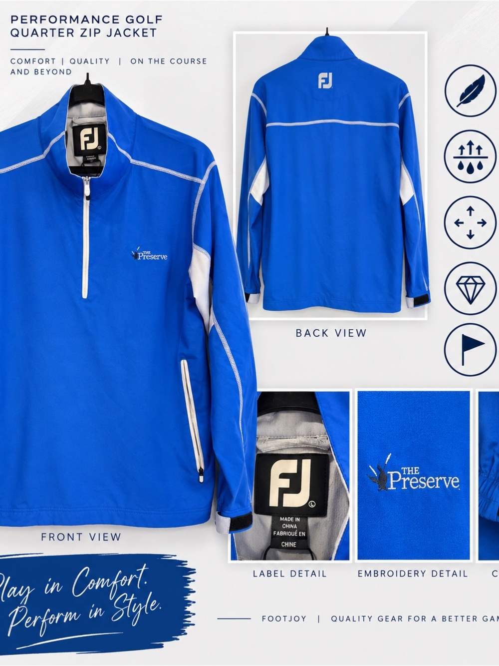 FootJoy Men's Quarter-Zip Performance Sweater - Royal Blue with White Accents